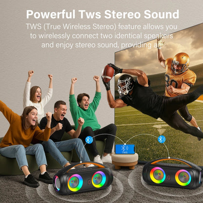 Waterproof Bluetooth Speaker, 40W Stereo Deep Bass, Portable Boombox Party Speaker, Remote Control, D16