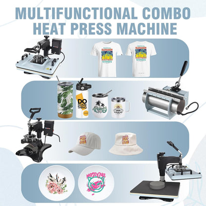 Heat Press Machine 12X15 Inch, 360° Swing Away 5 in 1 Heat Transfer Machine, Multifunctional Heat Transfer Press Machine with 30OZ Tumbler Attachment for Hat/Plate/T-Shirt/Mug, Blue
