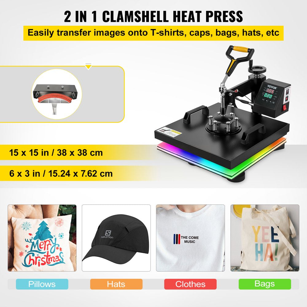 Heat Press Machine, 15X15In 2 in 1 Clamshell Sublimation Transfer Printer with Teflon Coated, Digital Precise Heat Control, Large Powerpress for T-Shirt Hat Cap