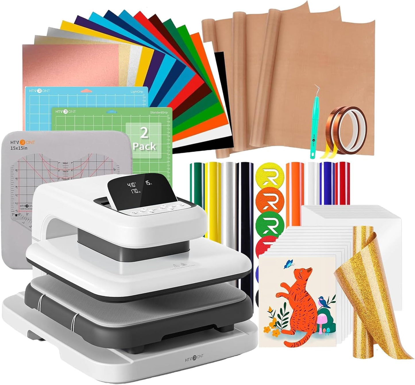 【Premium Bundle】  Automatic Heat Press 2 +  Automatic Heat Press Accessories Kit + 2 Pack Cutting Mats 12X12 + 8 Pcs 3D Puff Vinyl + 10" X 8Ft Gold Glitter HTV Heat Transfer Vinyl