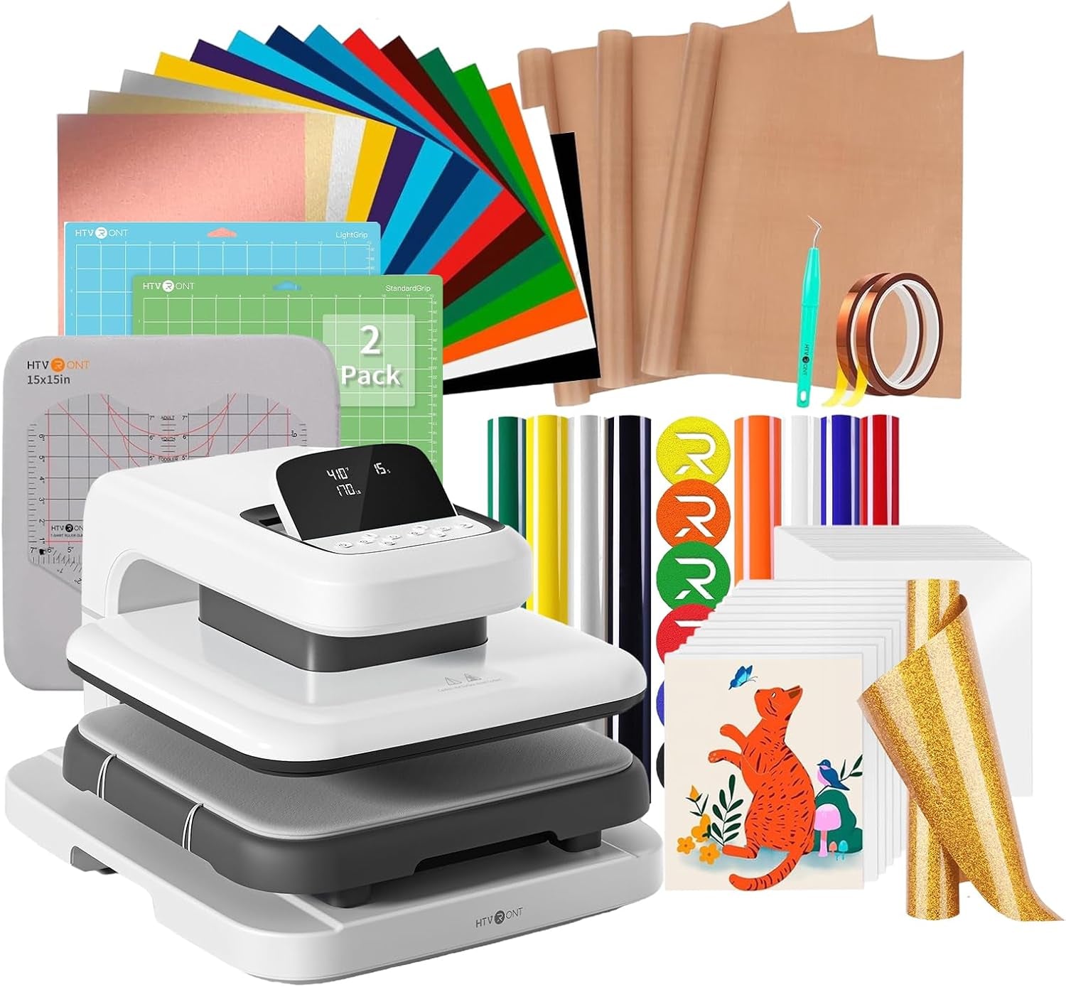 【Premium Bundle】  Automatic Heat Press 2 +  Automatic Heat Press Accessories Kit + 2 Pack Cutting Mats 12X12 + 8 Pcs 3D Puff Vinyl + 10" X 8Ft Gold Glitter HTV Heat Transfer Vinyl