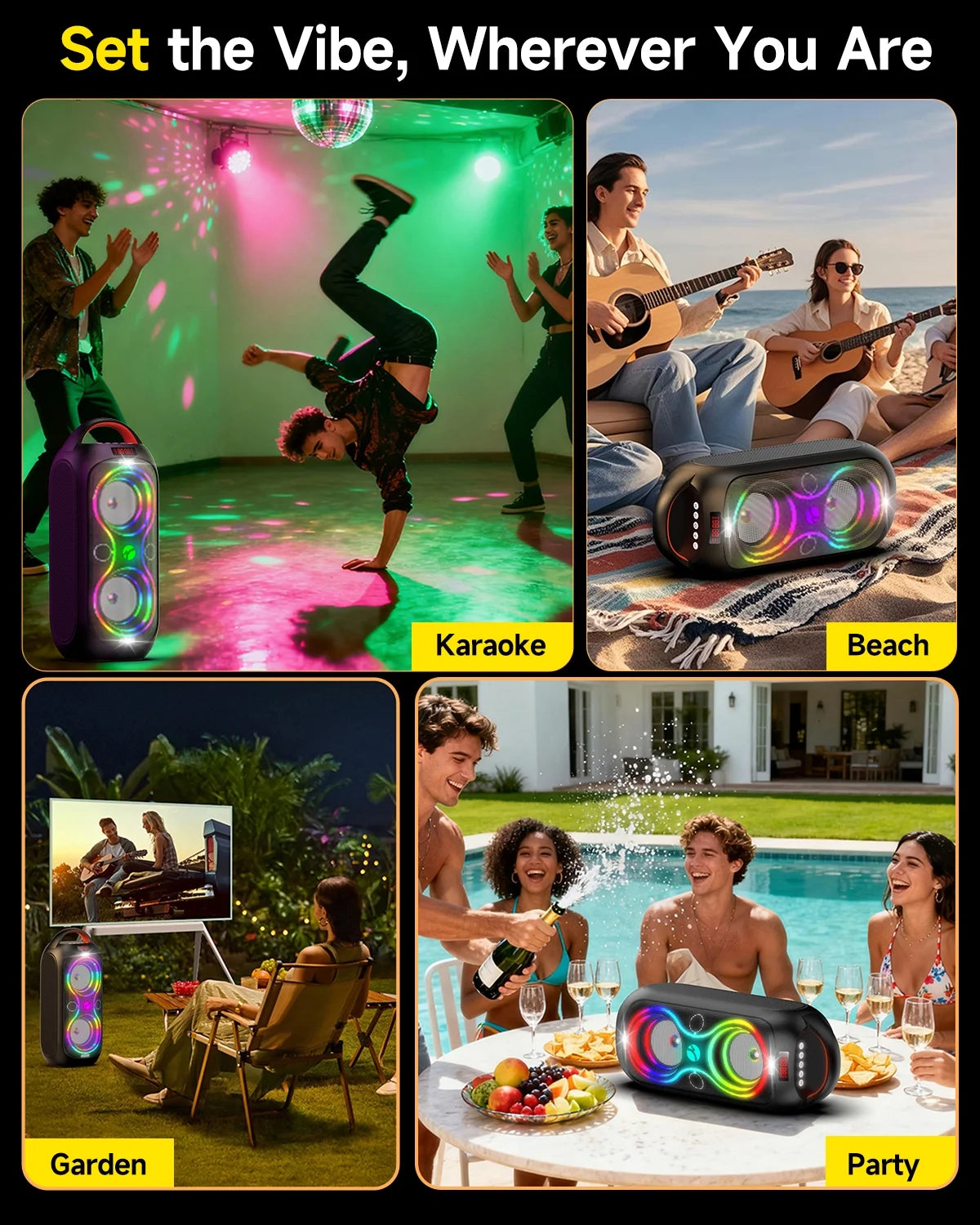 Bluetooth Party Speaker -60W Peak Loud Wireless TWS Portable Speaker with Handle, Beat-Driven Light Show, Splash-Resistant (XP3) for Outdoor Camping, Beach, Garage, Patio Parties