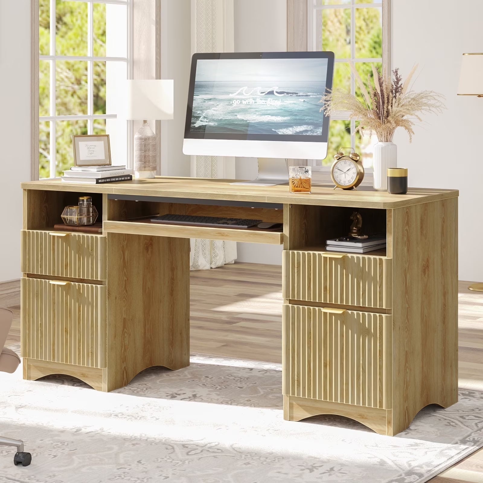 59" Computer Home Office PC Desk with Keyboard Tray and Storage Drawers, Log