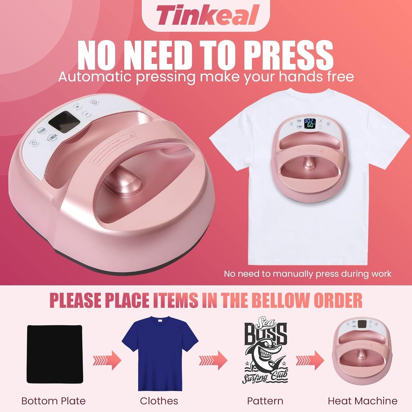 Heat Press Machine for T Shirts,Portable Heat Press 12"X10"，Easy Press for Sublimation HTV Vinyl, Heat Transfer Projects with Automatic Pressure Function（Rose Gold）