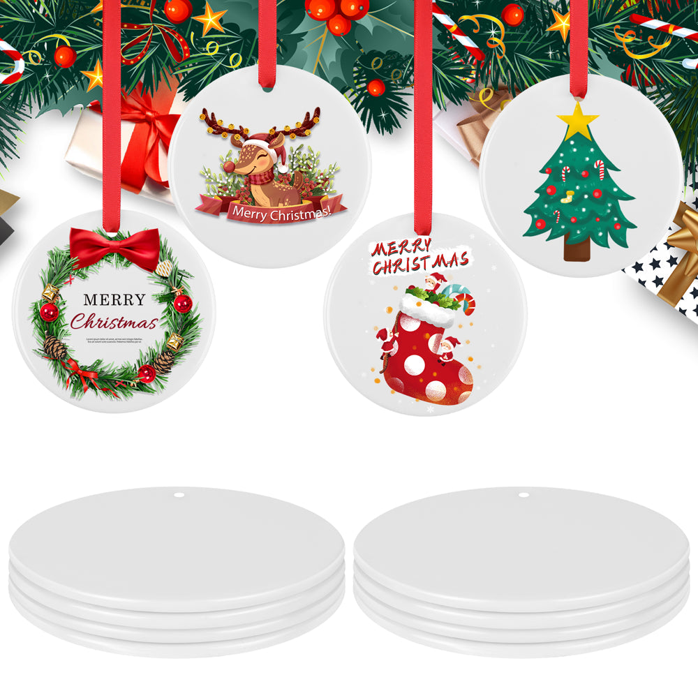 Sublimation Ornament Blanks - 24Pcs Ceramic Sublimation Christmas Ornament Blanks Sublimation Blanks Ornaments Bulk with Red Strings for Christmas Halloween Decor(2.87Ches)