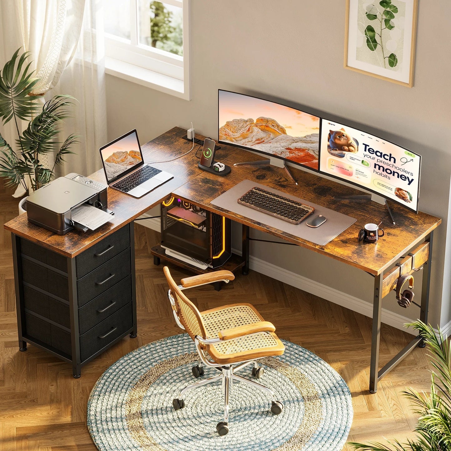 L Shaped Computer Desk with Charging Station, 53 Inch PC Table Study Desk 4 Tier Drawers, Modern Simple Style Laptop Desk for Bedroom, Vintage