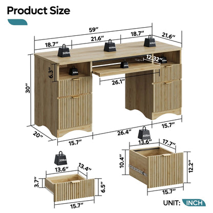 59" Computer Home Office PC Desk with Keyboard Tray and Storage Drawers, Log