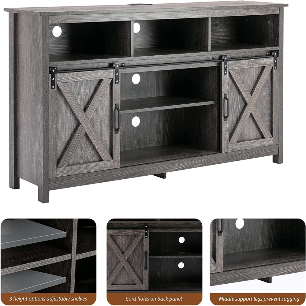 4 Layer Farmhouse Coffee Bar Cabinet with Power Outlet & LED Light, 57" Double Barn Door Buffet Sideboard Kitchen Cabinet with Adjustable Shelves(Grey)