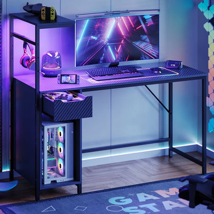 48-Inch LED Gaming Desk with Adjustable Shelf and Storage Drawer, Black