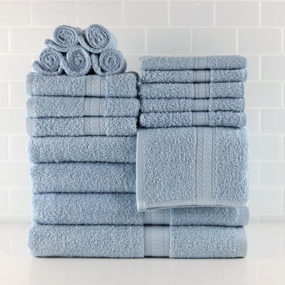 Basic Solid 18-Piece Bath Towel Set Collection, Blue Shell