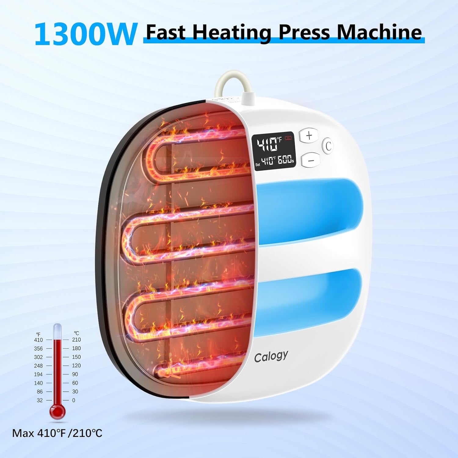 Calogy Heat Press Machine for T-Shirts 10"X10", Portable Heat Press Fast up to 410℉(210 ºc), Precise Temp Control, 15 Mins Auto off for Bag, Pillows Sublimation Vinly Transfer (White Blue, 10 X 10 In)