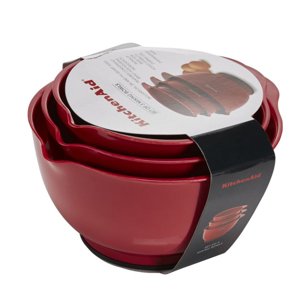 Bpa-Free Plastic Set of 3 Mixing Bowls with Soft Foot in Red