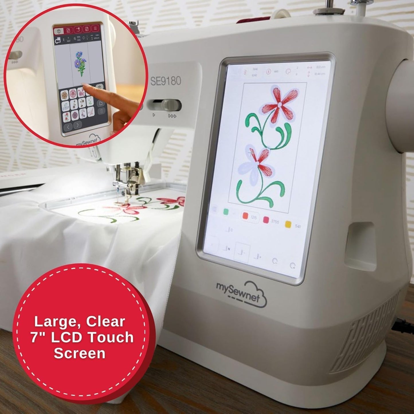 SINGER SE9180 Sewing & Embroidery Machine | 250 Built-In Stitches, 150 Embroidery Designs, 10 Fonts, 1-Step Buttonhole, 7" Touchscreen, Automatic Needle Threader & Wifi Connectivity