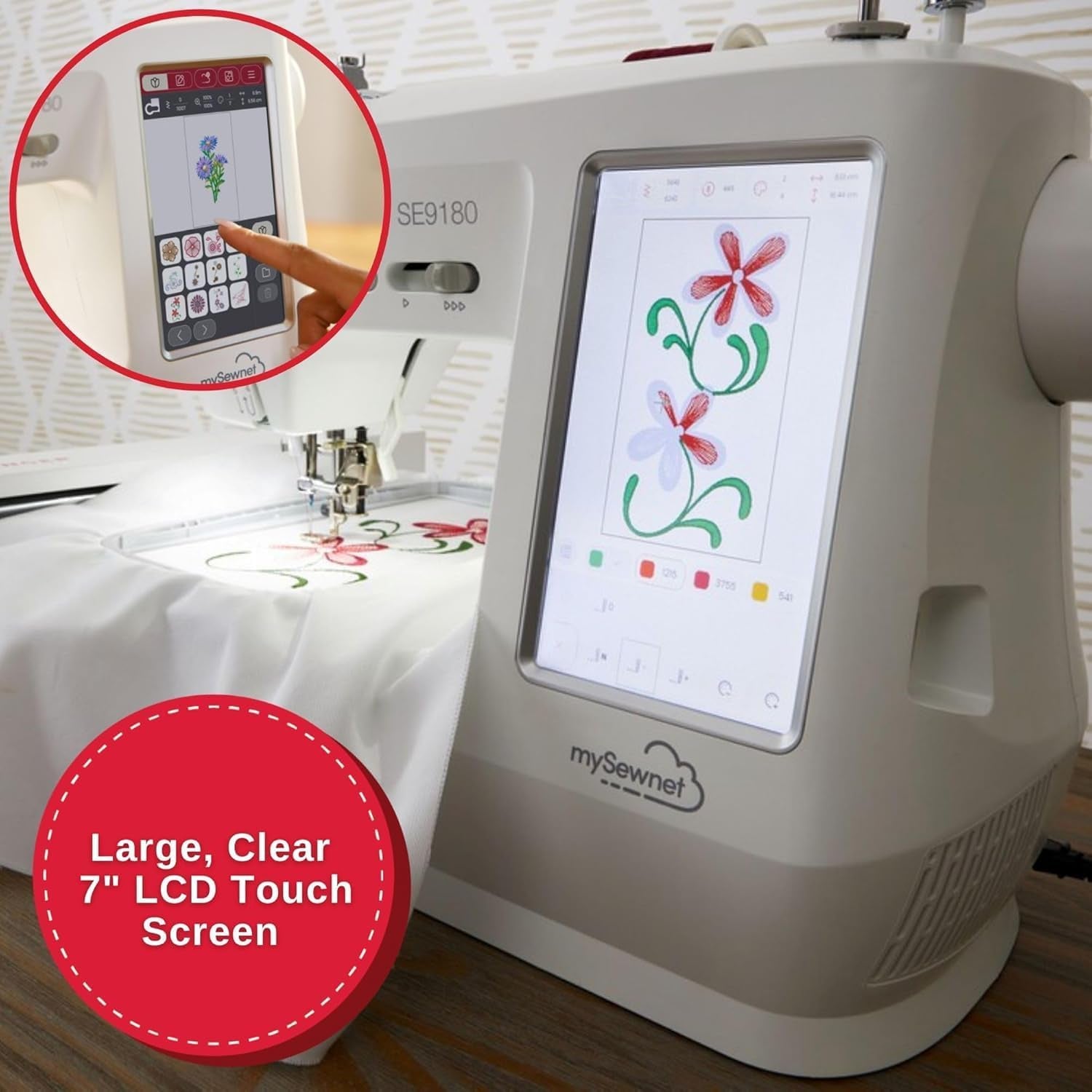 SINGER SE9180 Sewing & Embroidery Machine | 250 Built-In Stitches, 150 Embroidery Designs, 10 Fonts, 1-Step Buttonhole, 7" Touchscreen, Automatic Needle Threader & Wifi Connectivity