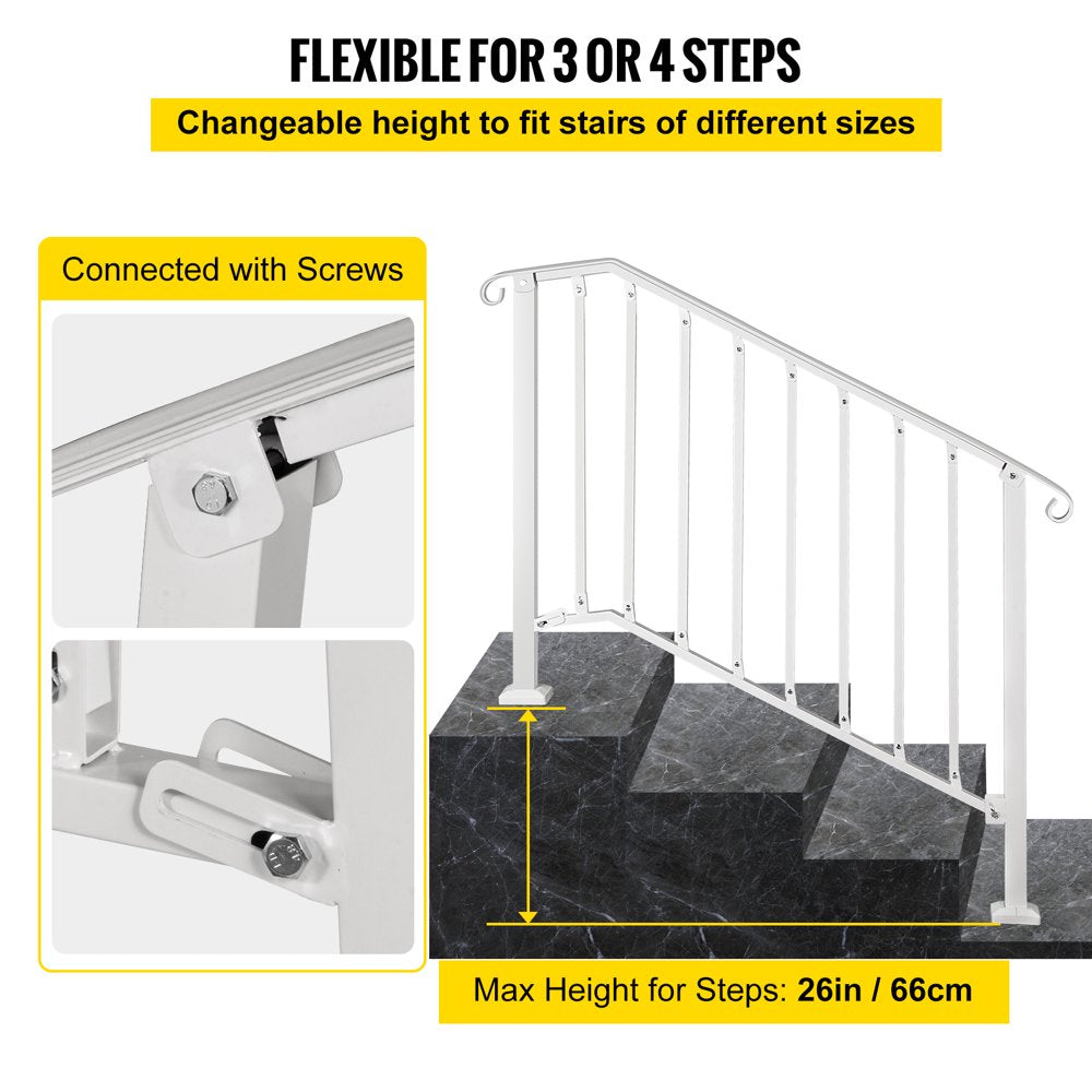 brand Handrail Picket #3 Fits 3 or 4 Steps Stair Rail Height Adjustable Wrought Iron Handrail with Installation Kit Hand Rails for Outdoor/Indoor Steps， Matte White