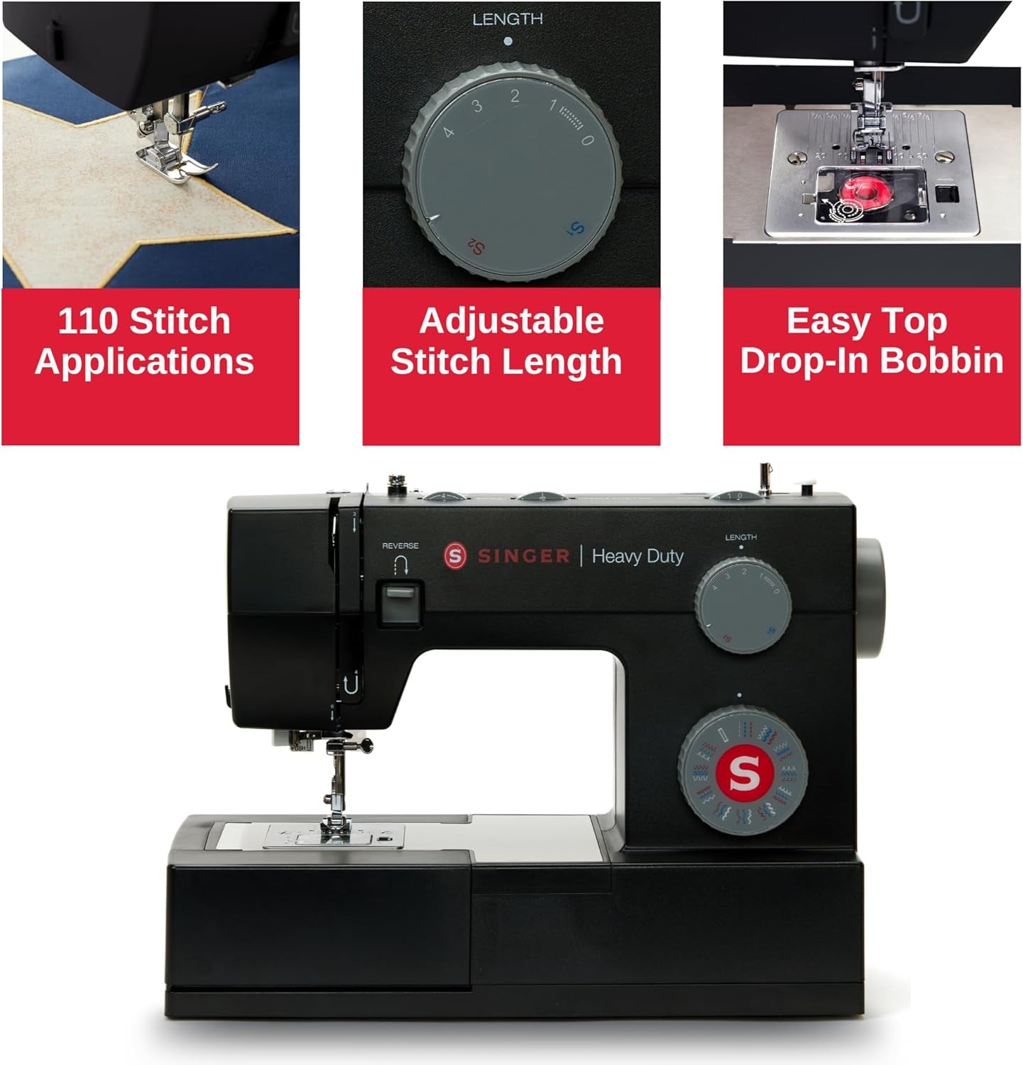 SINGER Heavy Duty 4432 High Speed Black Sewing Machine with Accessory Kit | Strong Motor with Enhanced Piercing Power, 110 Stitch Applications, Full Metal Frame, 1-Step Buttonhole & LED Light