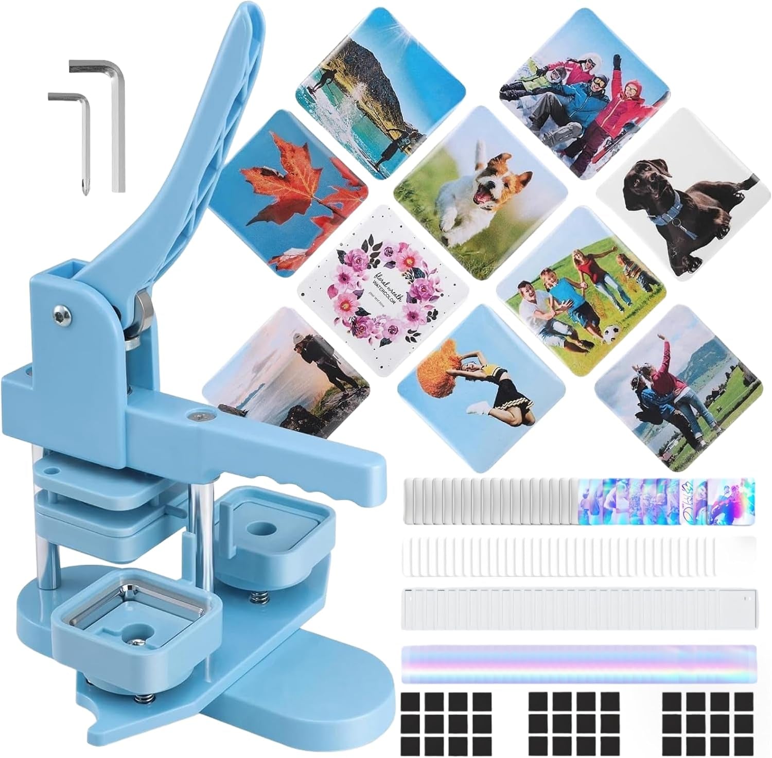Square Magnet Button Maker Kit - Holographic Film 2'' X 2'' Button Press Machine with 100 Set Fridge Magnet Making Supplies(Metal Cover, Film, Back Inserts), for Craft, Home, Small Business