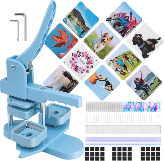 Square Magnet Button Maker Kit - Holographic Film 2'' X 2'' Button Press Machine with 100 Set Fridge Magnet Making Supplies(Metal Cover, Film, Back Inserts), for Craft, Home, Small Business