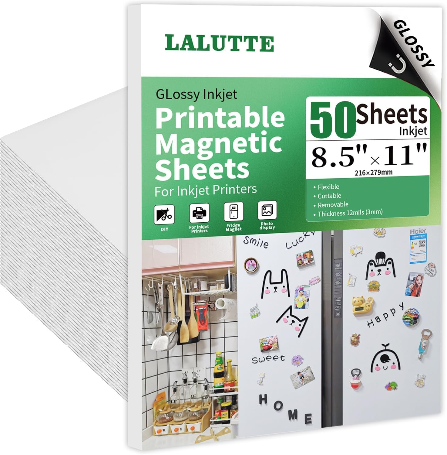 50 Sheets Printable Magnetic Sheets 8.5X11 Inches for Inkjet Printers, Glossy White Magnetic Print Paper, 12Mil Thickness, Flexible Magnet Photo Paper for Refrigerator DIY Crafts