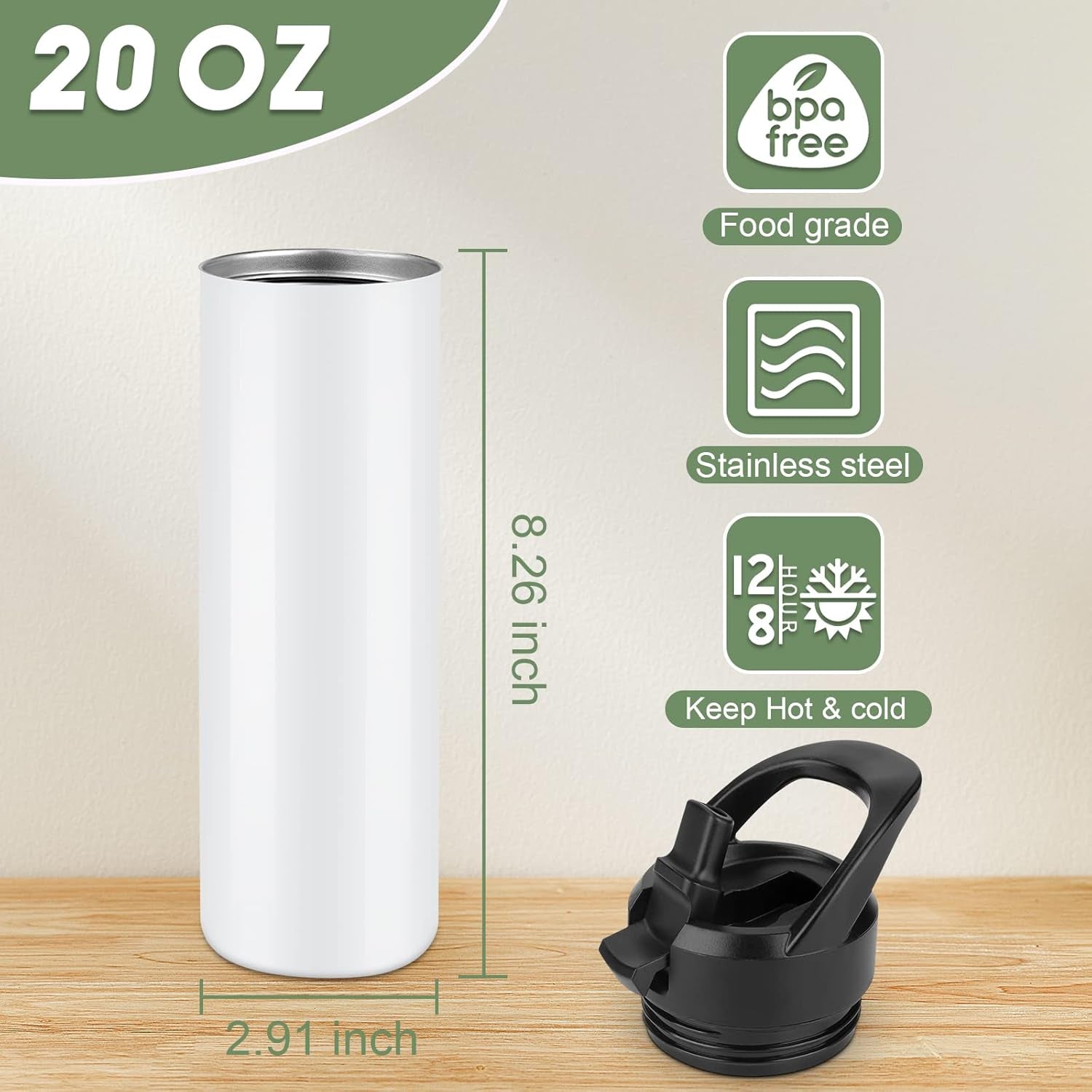 8 Pack 20Oz Sublimation Tumbler Set Triple-Insulated Stainless Steel Sports Water Bottle with Straw Lid Blank Sublimation Cup with DIY Stickers, Shrink Wrap, Rubber Base, Heat Tape for Heat Transfer