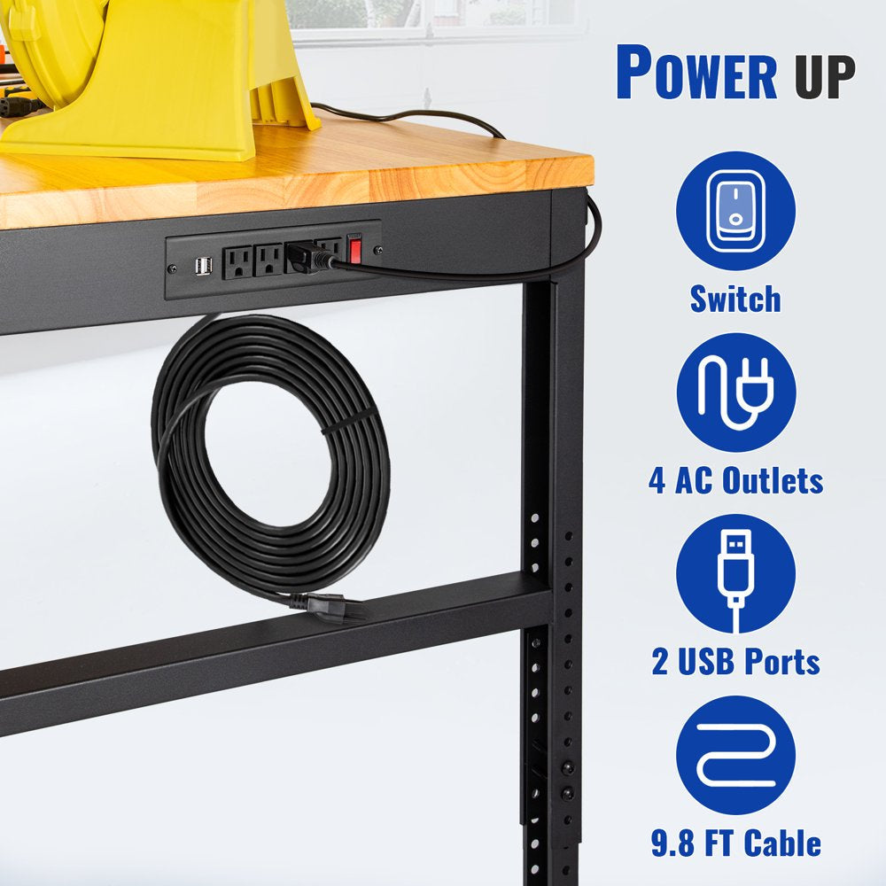 Workbench Adjustable Height, 61"L X 20"W X 36"H Garage Table W/ 27.1" - 36" Heights & 2000 Lbs Load Capacity, with Power Outlets & Hardwood Top & Metal Frame & Foot Pads, for Office Home