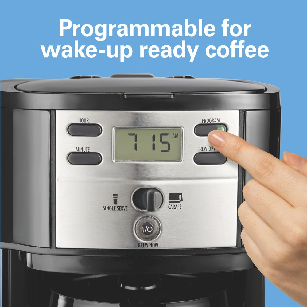 2-Way Programmable Coffee Maker, Single-Serve and 12-Cup Pot, Glass Carafe, Stainless Steel, 47650