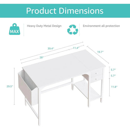 White Small Desk with Drawers - 40 Inch Computer Desk for Small Space Home Office, Modern Simple Study Writing Table PC Desks