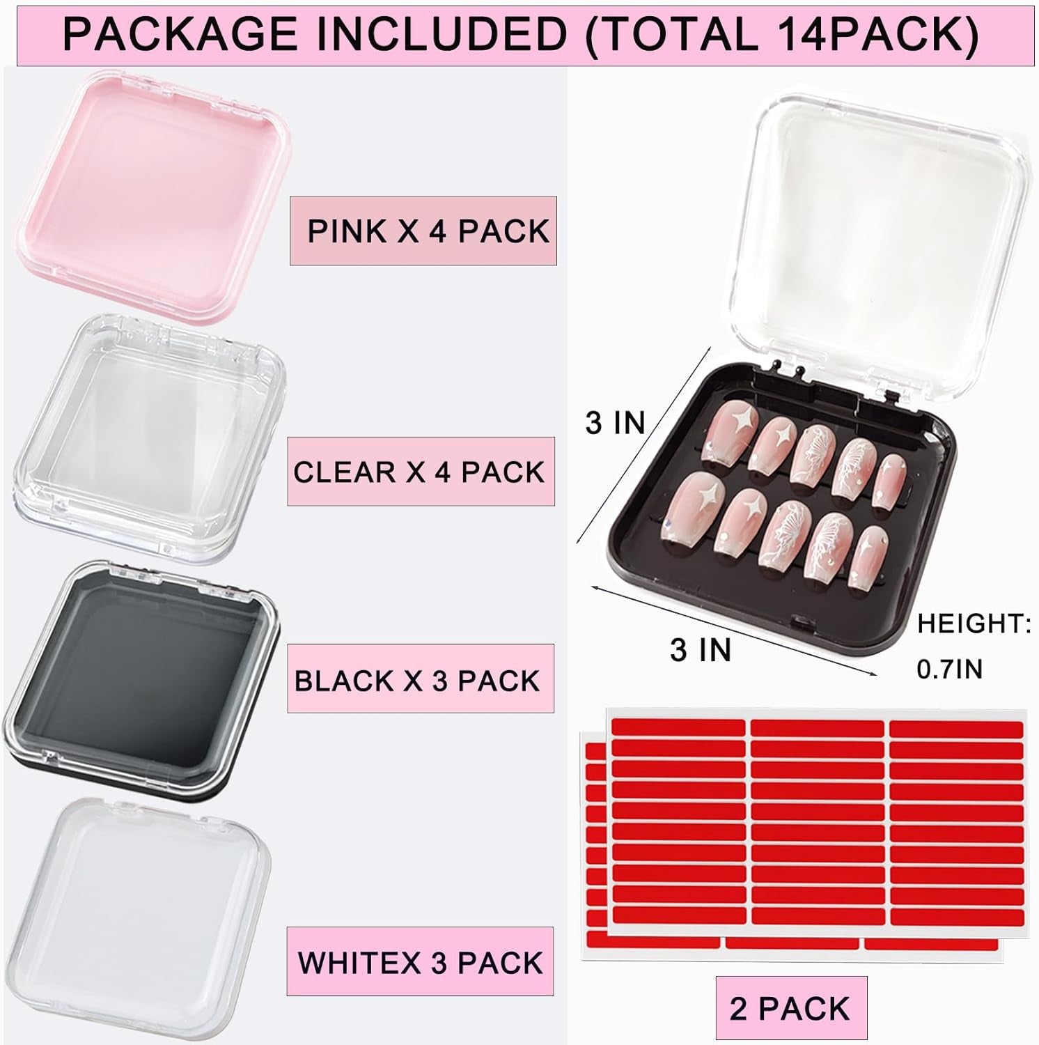 14 Pcs Press on Nail Packaging Box Press on Nail Storage Box for Press Ons with 60 Pcs Adhesive Double Sided Tape for Fake Nail Storage Case Nail Display Nail Salon Supplies Nail Art Nail Business