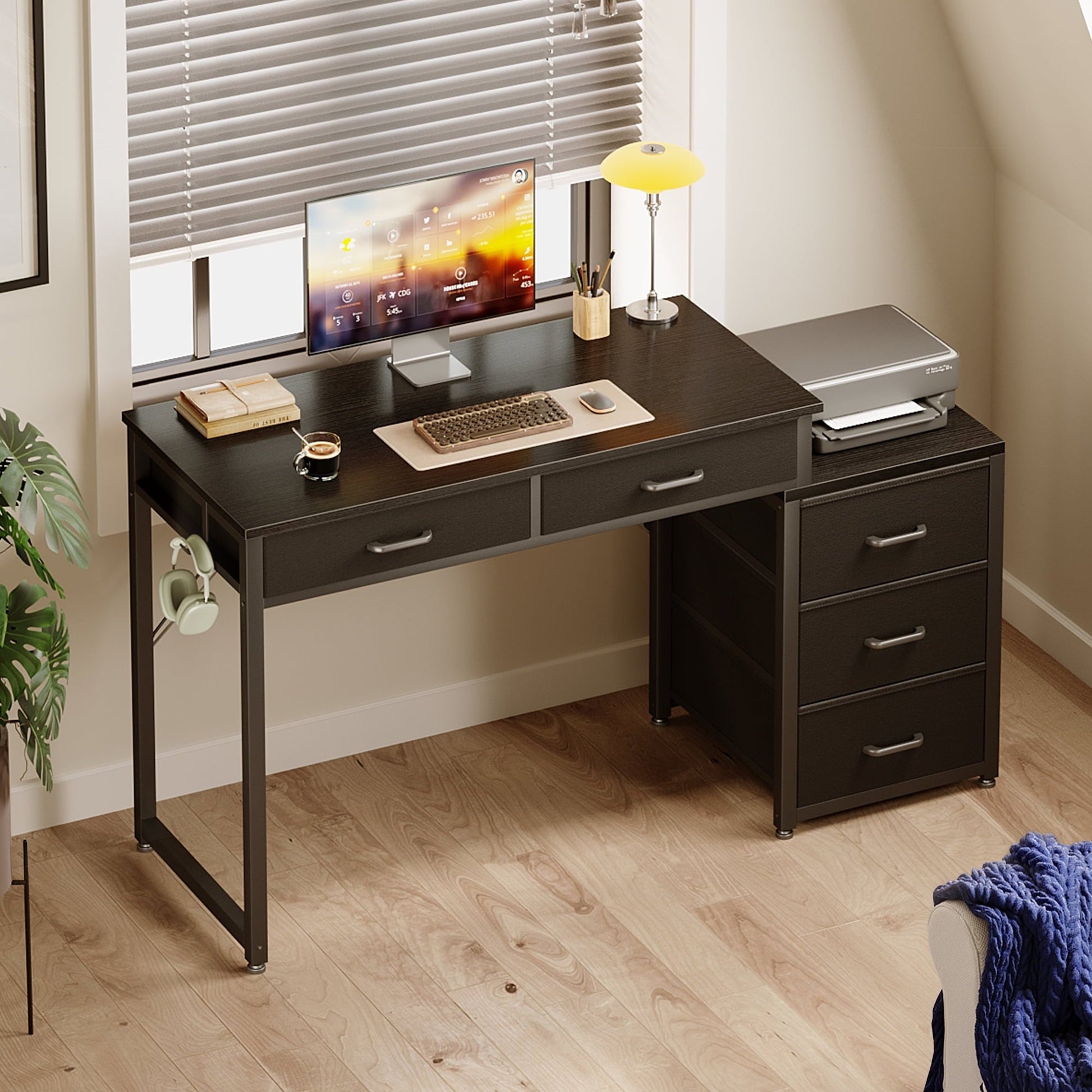Computer Desk with 5 Drawers, Reversible Home Office Desks with Printer Stand, Study Writing Table Workstation for Small Spaces, Black