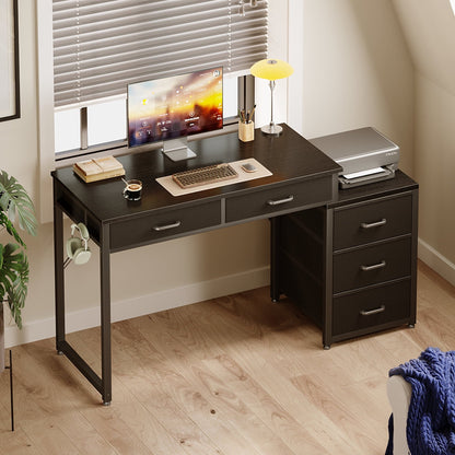 Computer Desk with 5 Drawers, Reversible Home Office Desks with Printer Stand, Study Writing Table Workstation for Small Spaces, Black