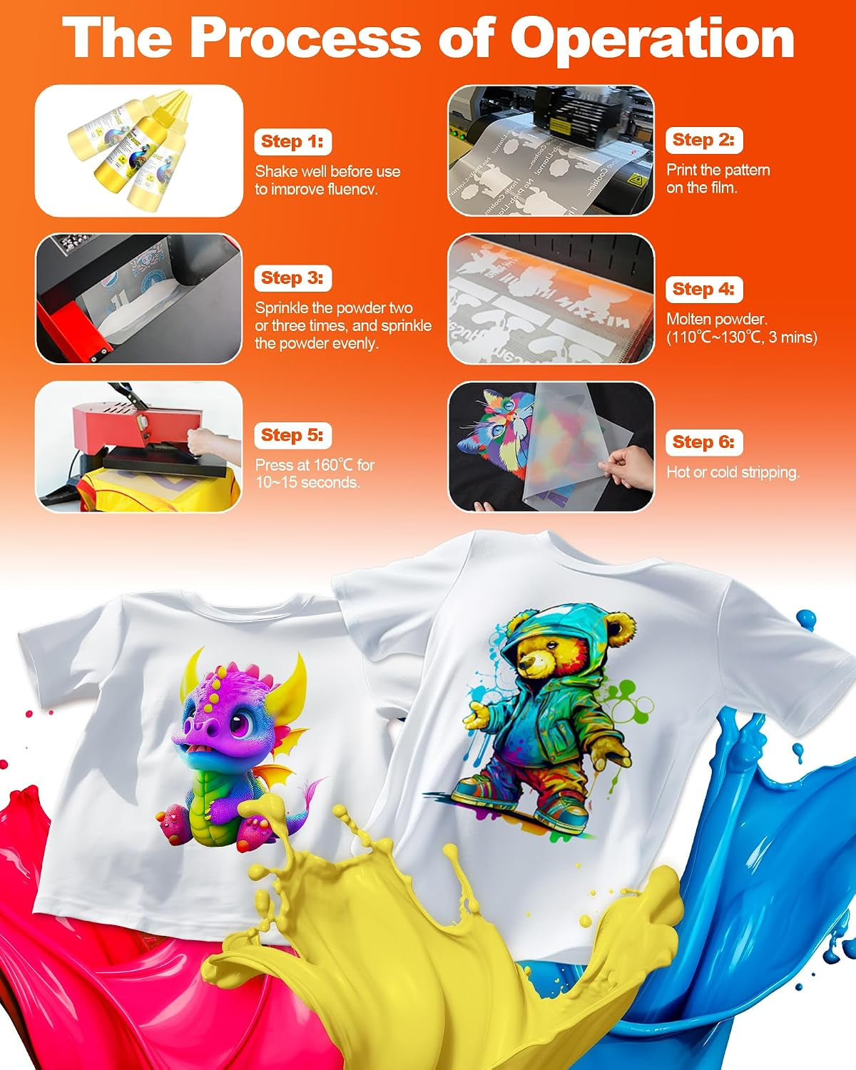 No Sediment DTF Ink 1500ML, DTF Transfer Ink for PET Film, Pigment Ink Refill for P600 P800 DX5 XP600 4720 I3200 I1600 5113. High Fluidity, Whiteness & Coverage (250Ml X 6, 2Wh+Cmyk)