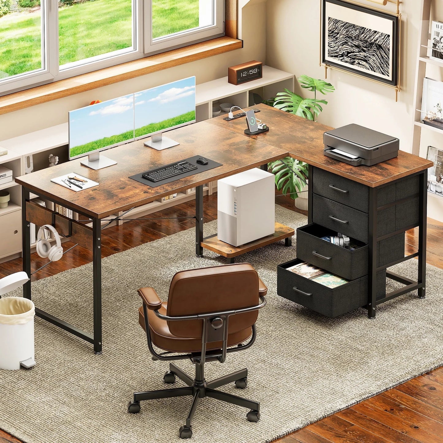 L Shaped Computer Desk with Charging Station, 53 Inch PC Table Study Desk 4 Tier Drawers, Modern Simple Style Laptop Desk for Bedroom, Vintage