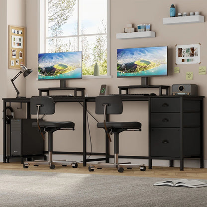 L Shaped Computer Desk, Reversible Gaming Desk with Drawers, Corner Desk with Storage Shelves & Monitor Stand, Home Office Desk Workstation, Black