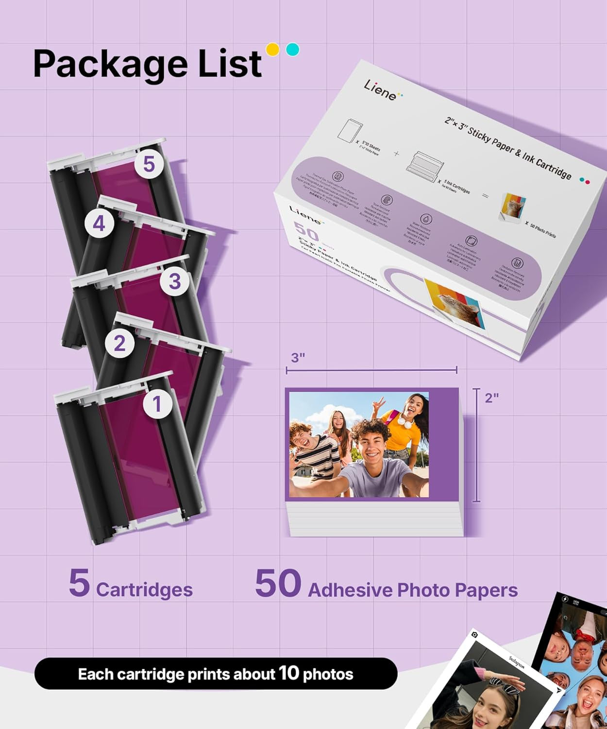 Liene Pearl N200 Pro Portable Photo Printer Photo Paper 50 Sheets & 5 Cartridges, Picture Printer Sticker Paper Adhesive, Waterproof, Smudge Proof, Photo Paper Only for DMP130 for Scrapbook