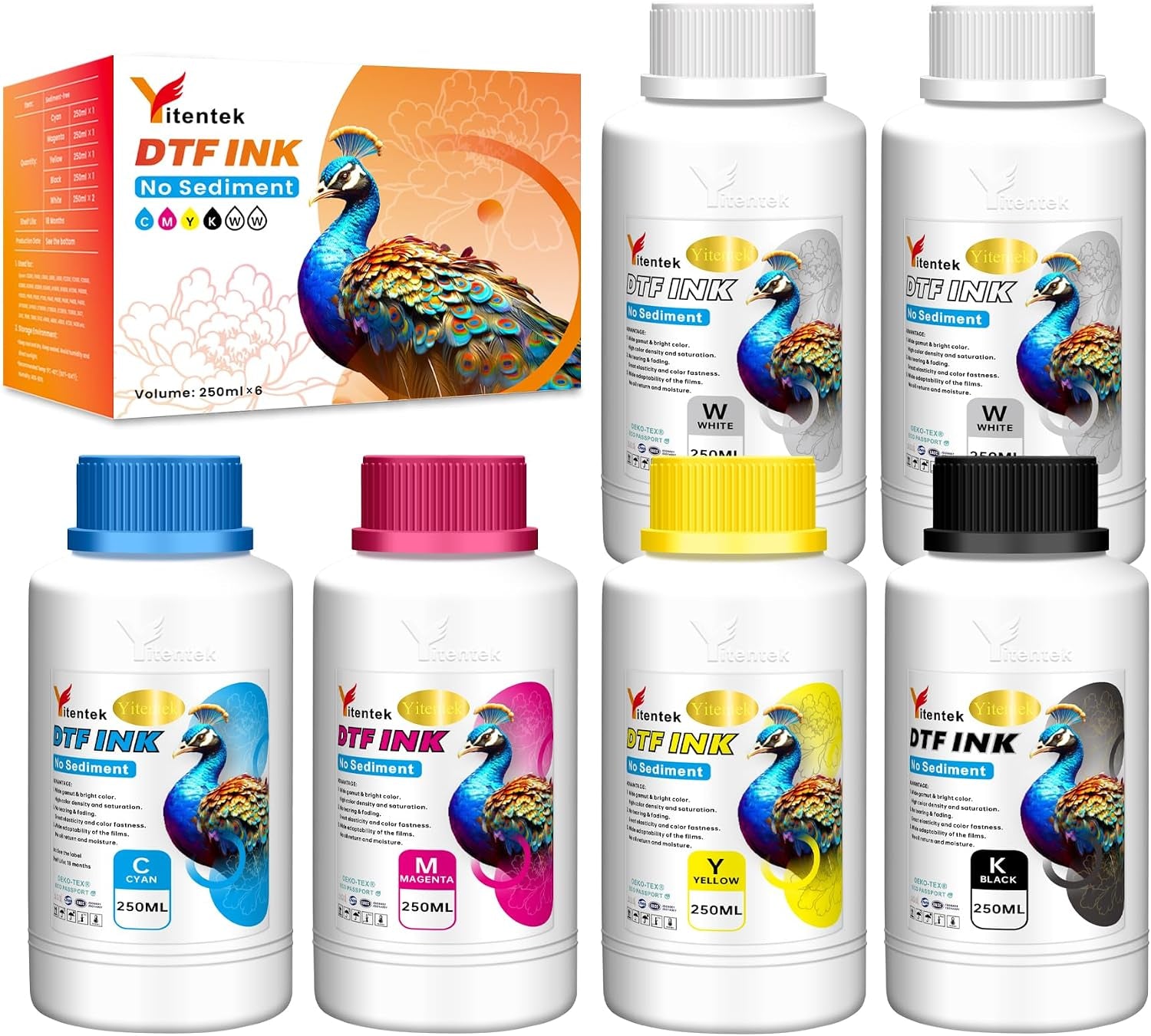 No Sediment DTF Ink 1500ML, DTF Transfer Ink for PET Film, Pigment Ink Refill for P600 P800 DX5 XP600 4720 I3200 I1600 5113. High Fluidity, Whiteness & Coverage (250Ml X 6, 2Wh+Cmyk)