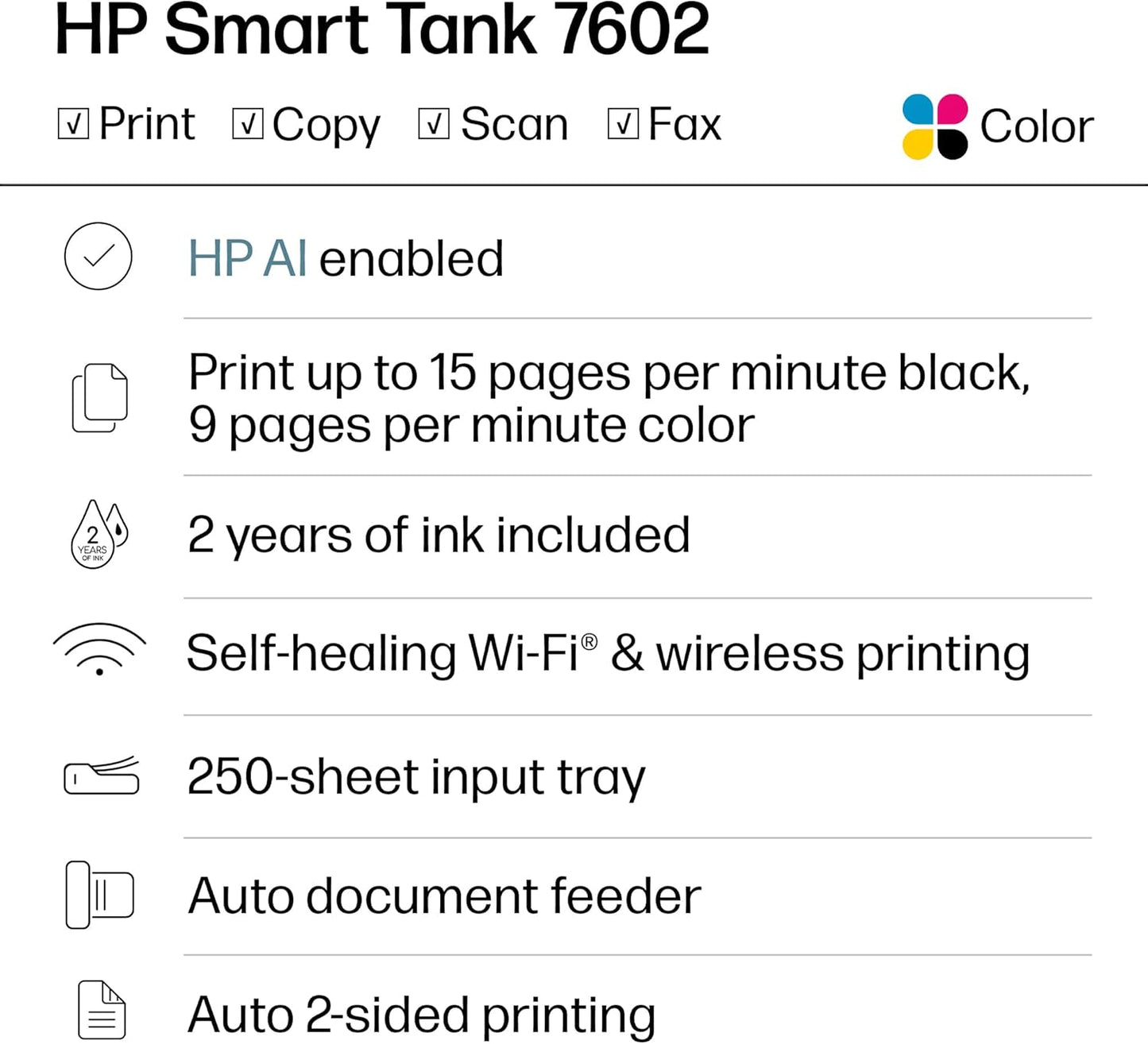 HP Smart Tank 7602 Wireless All-In-One Ink Tank Printer, Scanner, Copier with 2 Years of Ink Included, Best-For-Home Office, Cartridge-Free Refillable, Ai-Enabled (28B98A)