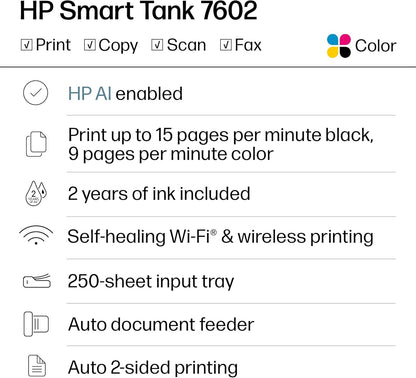HP Smart Tank 7602 Wireless All-In-One Ink Tank Printer, Scanner, Copier with 2 Years of Ink Included, Best-For-Home Office, Cartridge-Free Refillable, Ai-Enabled (28B98A)