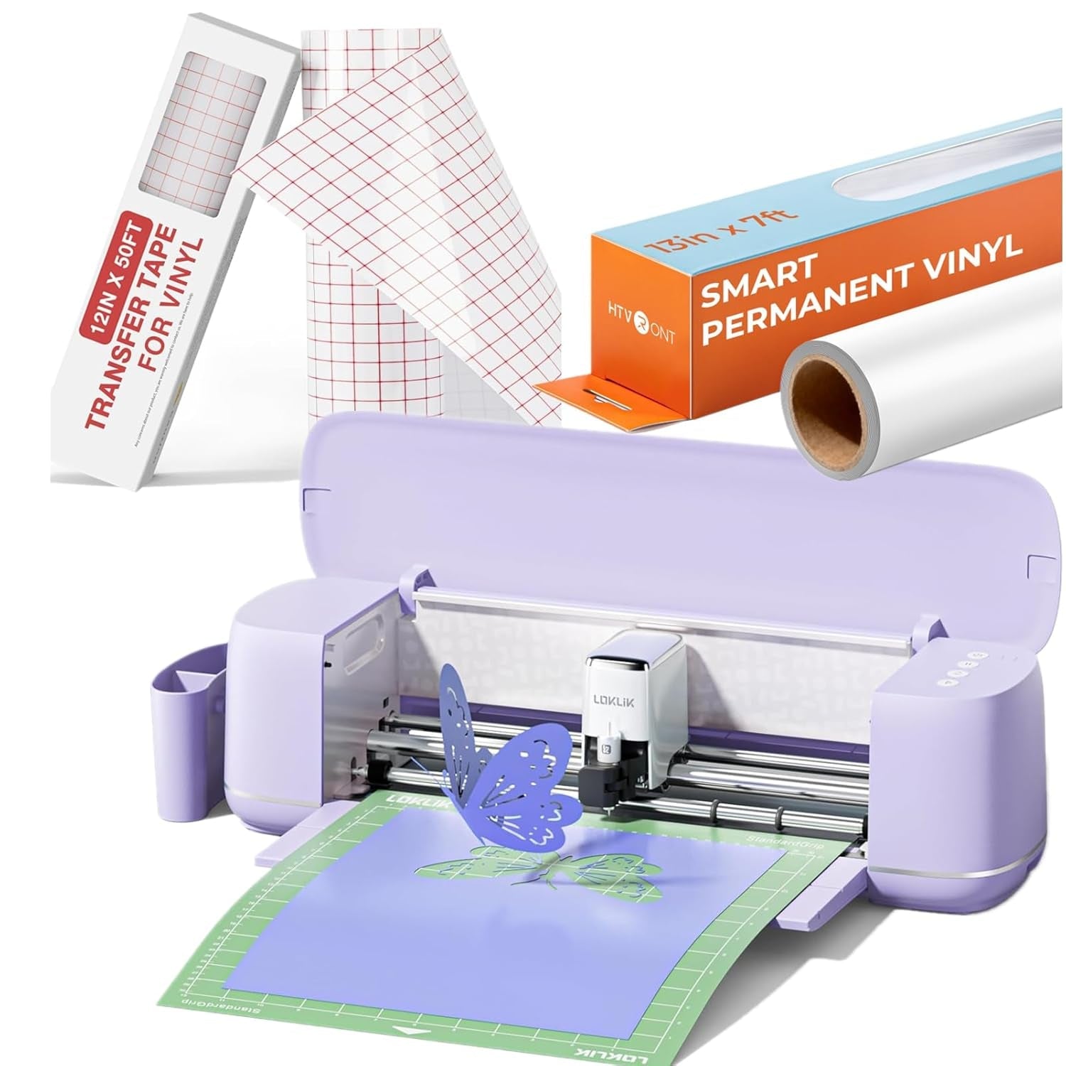 Loklik Cutting Machine 2 by HTVRONT Purple & Smart Permanent Vinyl 13" X 7Ft & Transfer Tape Roll 50FT
