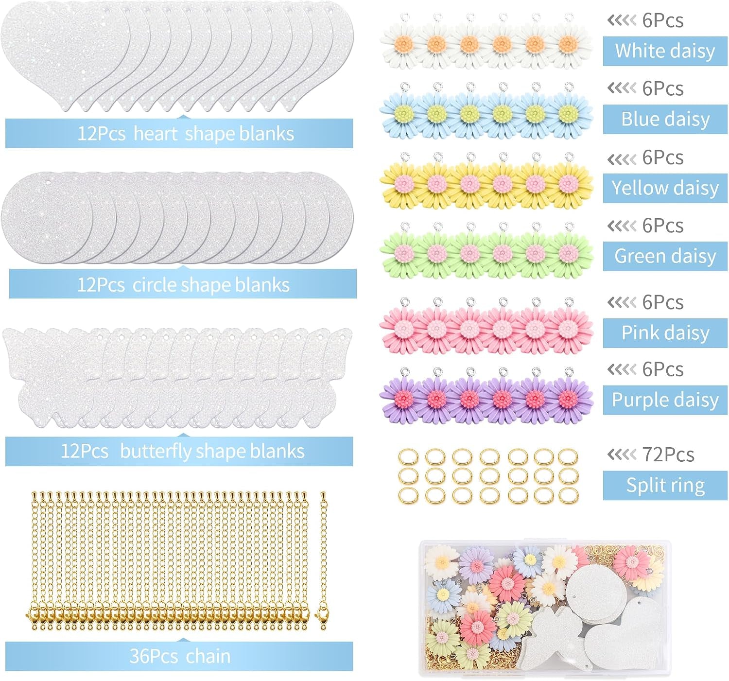 36 Sets Sublimation Blanks for Making Car Cup Charms, Tumbler Cup Accessories for DIY Heat Transfer Craft Gifts, Contains Glitter Blanks Daisy Charms Chains Jump Rings