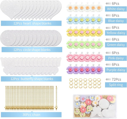 36 Sets Sublimation Blanks for Making Car Cup Charms, Tumbler Cup Accessories for DIY Heat Transfer Craft Gifts, Contains Glitter Blanks Daisy Charms Chains Jump Rings