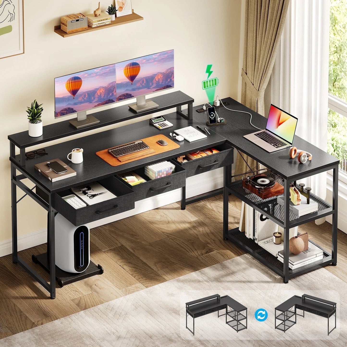 53 Inch Reversible L Shaped Desk with 3 Drawers, Computer Gaming Desk with Power Outlets & USB Ports, Monitor Stand for Home Office, Corner Desk with Large Storage Space, Modern Black