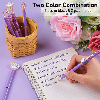 WEMATE 8Pcs Purple Pens, Metal Crystal Diamond Pen with Black & Blue Ink, Pens for Journaling, Office Supplies Fancy Pens for Women, Back to School Supplies for Girls Birthday (Purple)
