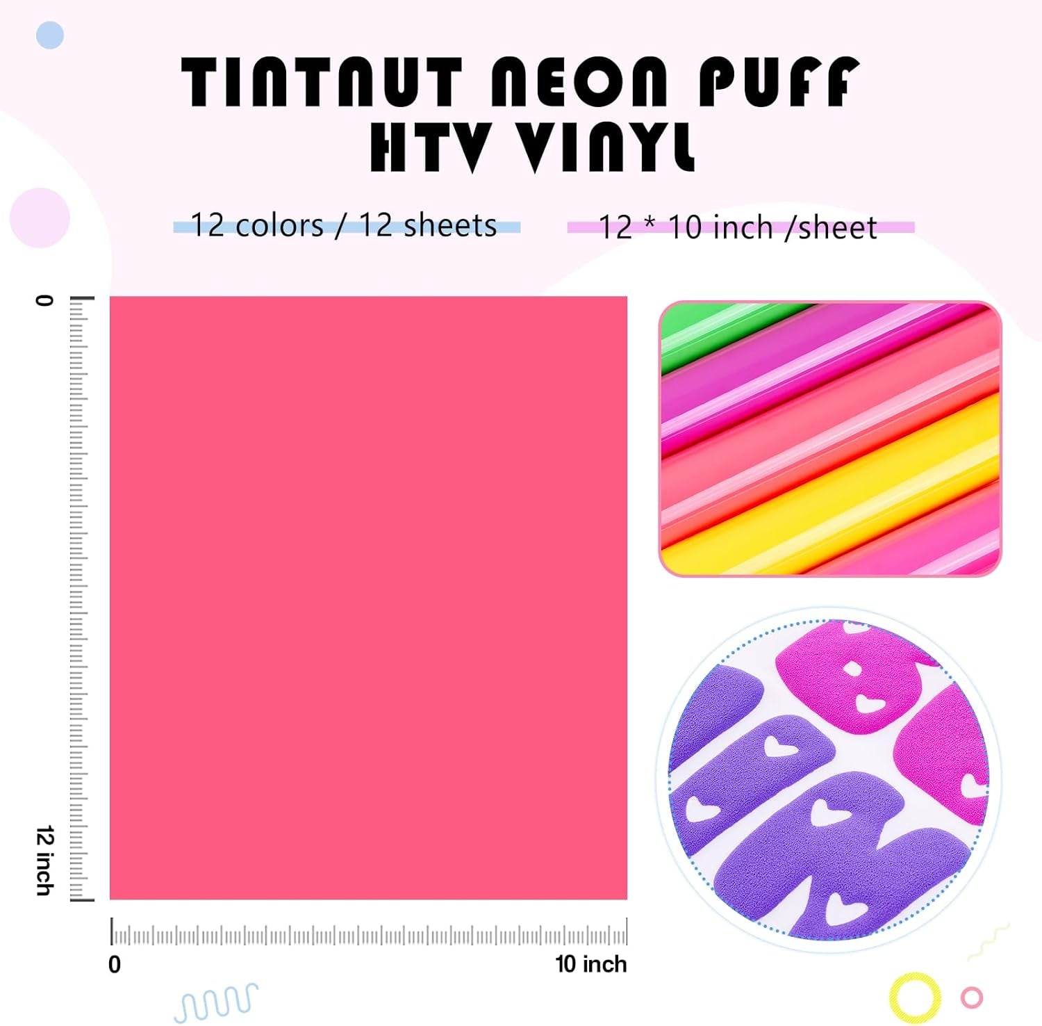 Tintnut Neon Puff Vinyl Heat Transfer - 12Pcs 12"X10" Multicolor 3D Puff HTV Iron on Vinyl Puff Heat Transfer Vinyl for T-Shirts Puffy HTV for Fabrics
