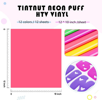 Tintnut Neon Puff Vinyl Heat Transfer - 12Pcs 12"X10" Multicolor 3D Puff HTV Iron on Vinyl Puff Heat Transfer Vinyl for T-Shirts Puffy HTV for Fabrics