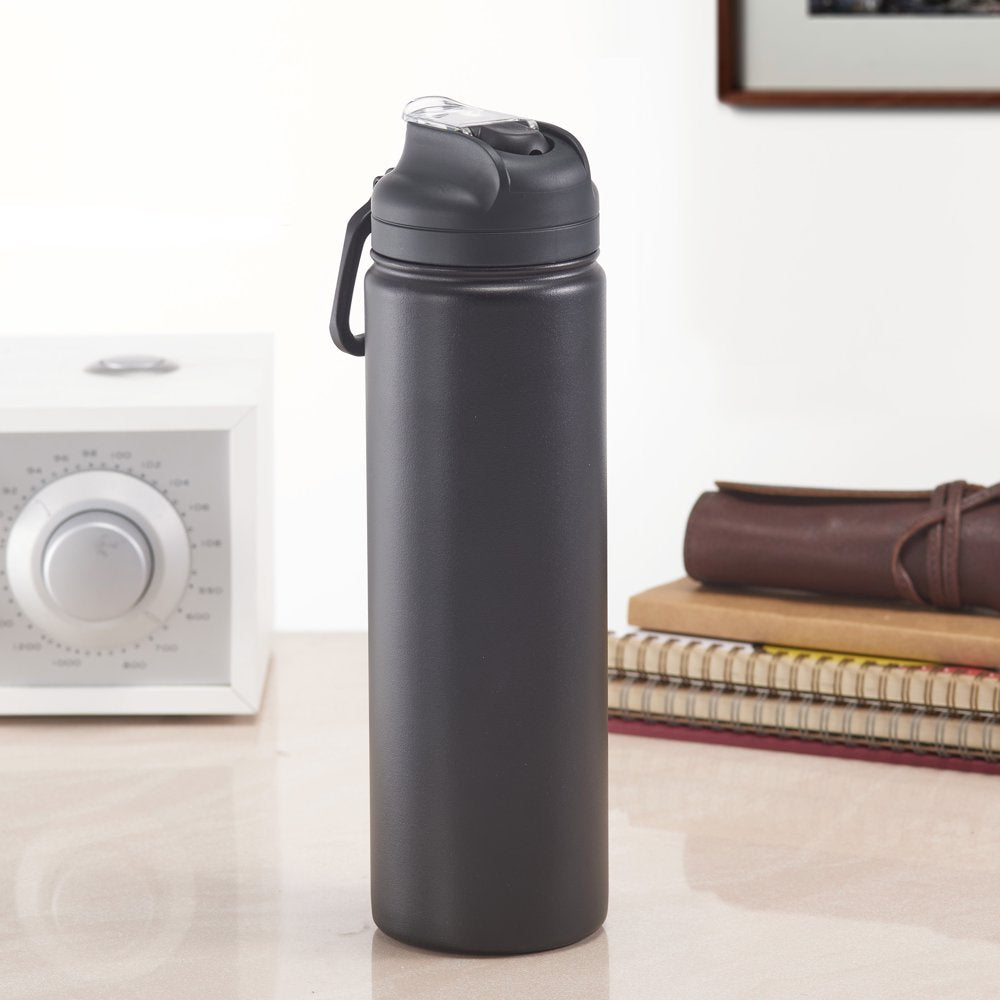 24 Fl Oz Rich Black Solid Print Insulated Stainless Steel Water Bottle with Flip-Top Lid