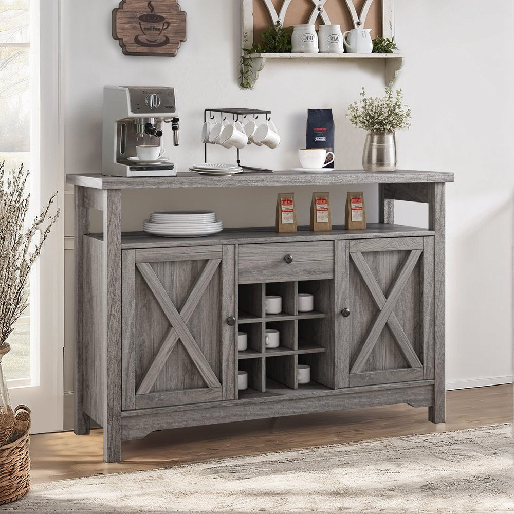 Farmhouse Coffee Bar Cabinet, 47" Kitchen Buffet Storage Cabinet with Barn Door, Liquor Cabinet with Wine Rack, Gray