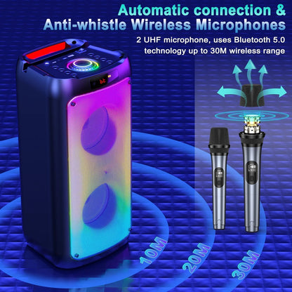 Party Speaker, Portable Bluetooth Speaker with 2 Microphone, Stereo Bass Speaker for Christmas Party