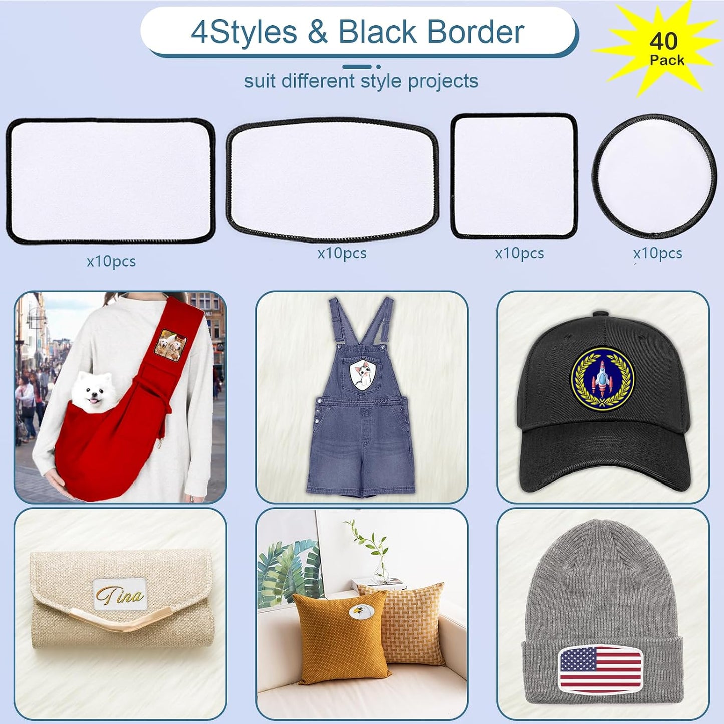 40 Pcs Sublimation Blanks Patches - Large Iron-On Patch with Black Border - Exquisite Fabric Patches for DIY Hats Backpack T-Shirt Project (Mixed)