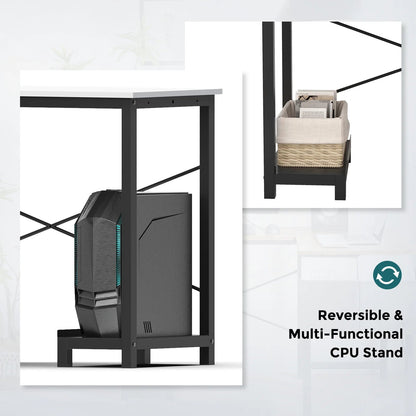 L Shaped Computer Desk with Wooden Desktop CPU Stand Side Bag Reversible, White
