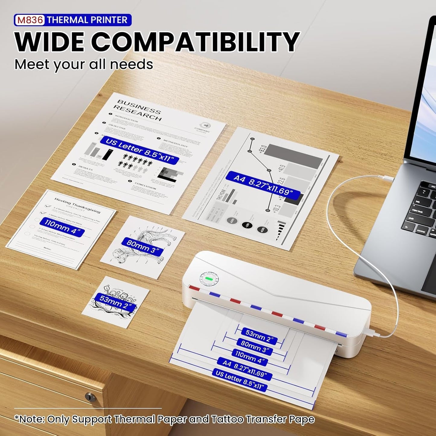 Phomemo Portable Thermal Printer - Portable Printer Wireless for Travel, Support 8.5'' X 11'' US Letter & A4, M836 Bluetooth Inkless Printer for Home Use, for Iphone & Laptop, 1 Roll Paper